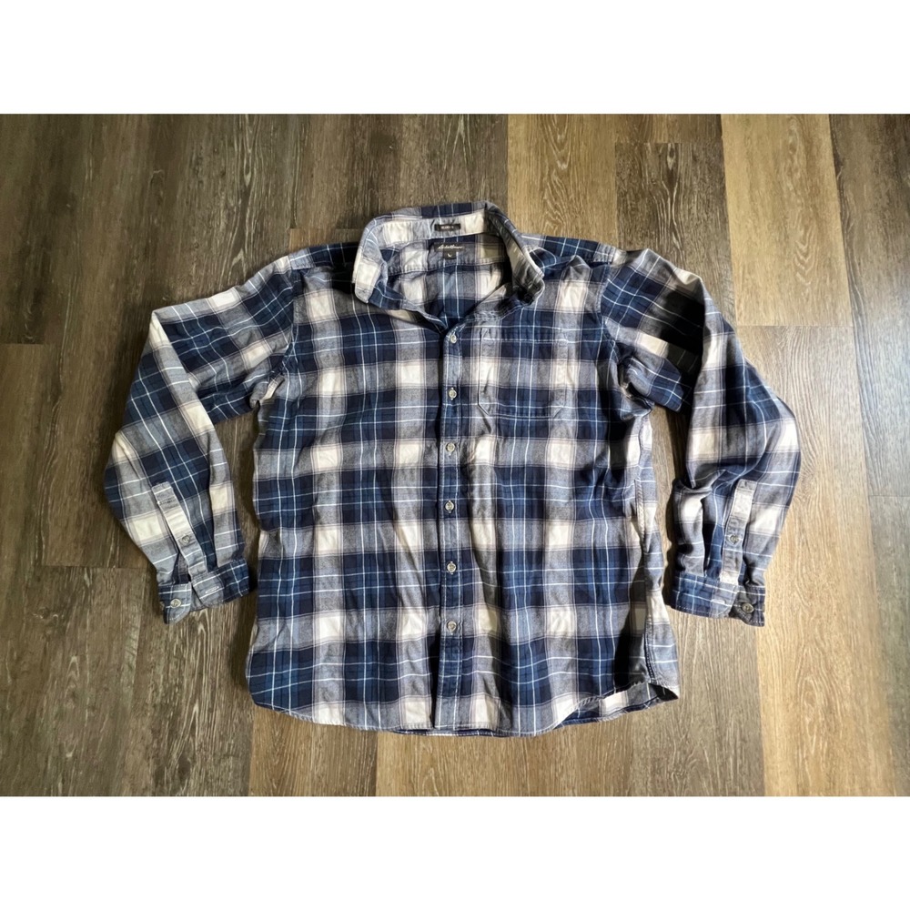 Eddie Bauer Flannelโ Shirt Mens TXL Blue White Plaid Relaxed Fit Long Slv